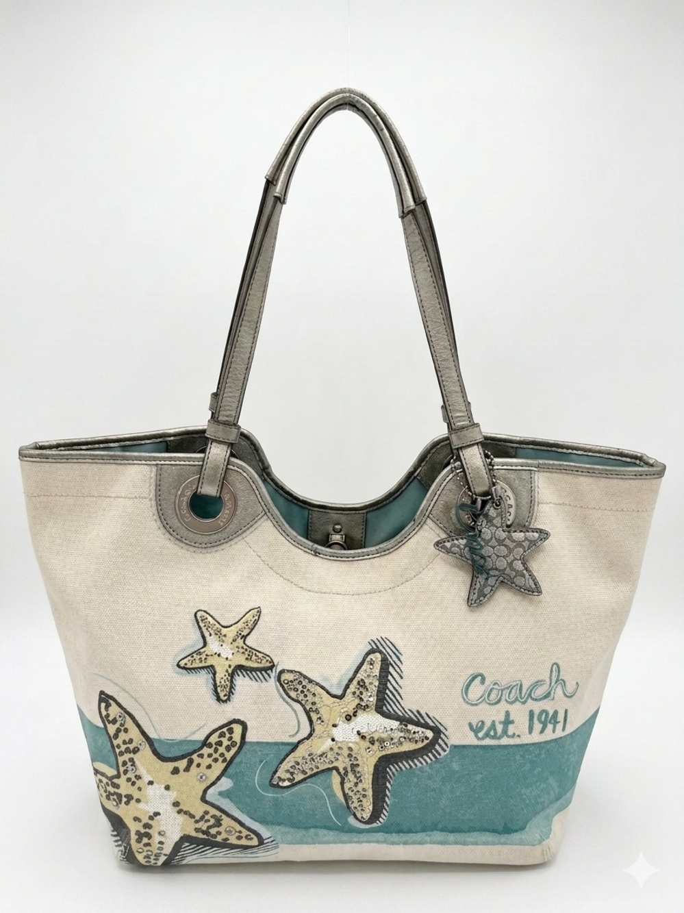 Coach RARE Vintage Starfish Beach Tote Bag Canvas Silver Metallic F19212